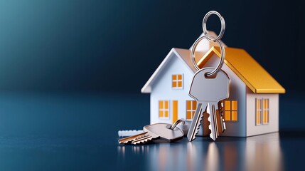 A vibrant arrangement of house keys with a stylish keychain rests atop three charming houses