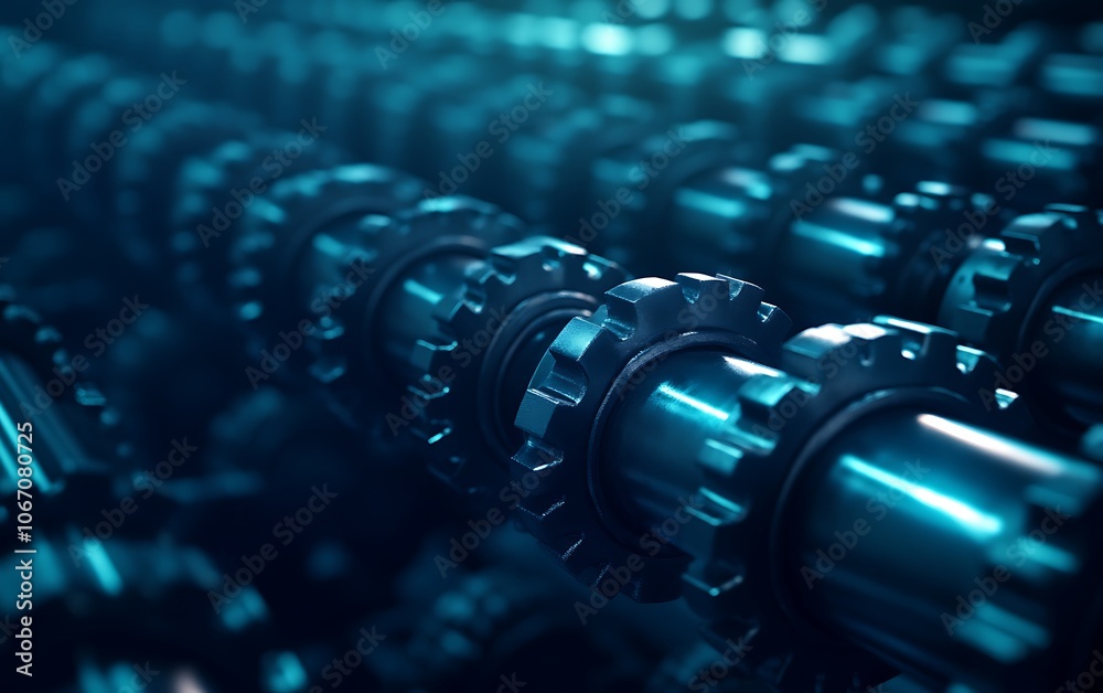 Poster A close-up view of interconnected gears and machinery components, showcasing intricate design and mechanical precision in a blue-toned environment.