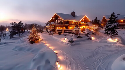 beautiful snowy Christmas night scene featuring cozy wooden house adorned with twinkling lights and surrounded by snow covered trees. warm glow from windows creates festive atmosphere
