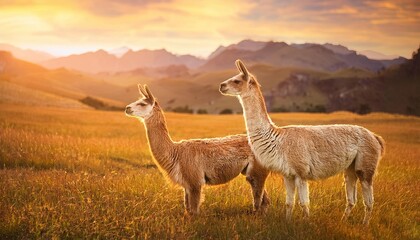 Obraz premium nature farm llamas, grass field background, Fresh and Relax concept. For montage product display or design key visual layout. View of copy space