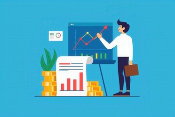 Illustrated Businessman Analyzing Financial Graphs and Data for Investment Success