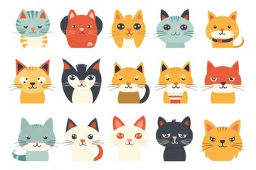 Colorful cartoon cat faces with diverse expressions and vibrant designs
