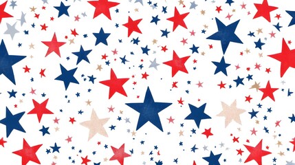 A scattered collection of red, white, and blue stars on a white background