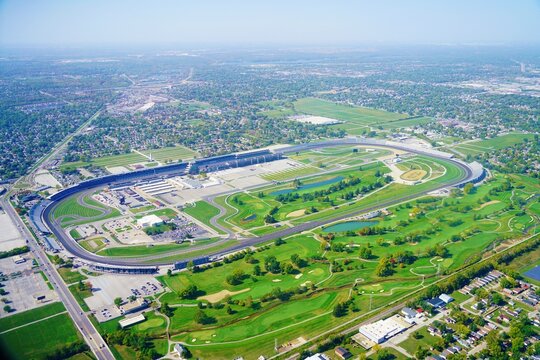 SPEEDWAY, IN -9 OCT 2024- Aerial view of the Indianapolis Motor Speedway, an automobile racing circuit home of the Indianapolis 500 and formerly of the United States Grand Prix.