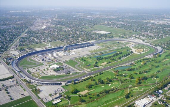 SPEEDWAY, IN -9 OCT 2024- Aerial view of the Indianapolis Motor Speedway, an automobile racing circuit home of the Indianapolis 500 and formerly of the United States Grand Prix.