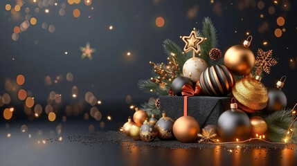 festive arrangement featuring elegant Christmas ornaments, gift boxes, and sparkling lights creates warm holiday atmosphere. Perfect for celebrating joy of season