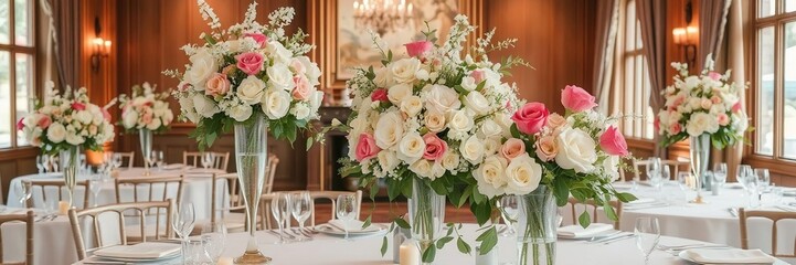 Beautiful wedding flowers decoration in a cozy restaurant setting with elegant table centerpieces and floral arrangements, event