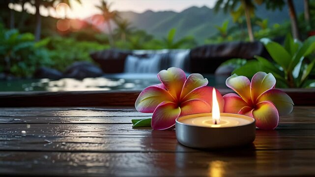 Some candles and flowers are on the wooden board. The concept of zen and relaxing spa. Seamless 4K looping timelapse video animation background