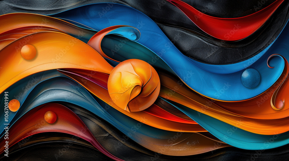Poster whimsical abstraction featuring rounded shapes and vibrant colors, creating dynamic flow of orange, 