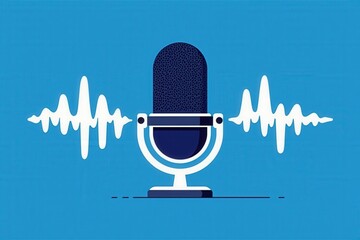 Blue Microphone with Sound Waves Illustration for Podcasting and Audio Recording