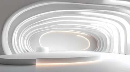 Obraz premium 3d rendering of white empty modern showroom with blank pedestal and led lighting. for product display. Futuristic. Illustration