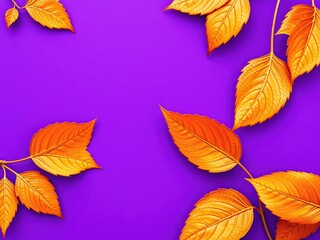 Obraz premium Dry orange metallic leaves creating a beautiful pattern on a vibrant violet background, abstract
