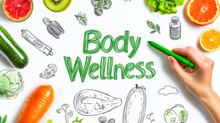 Hand Drawing 'Body Wellness' Surrounded by Fresh Fruits, Vegetables, and Wellness Icons in Green, Representing Health and Holistic Living