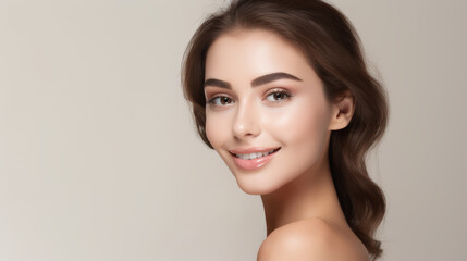 Fototapeta premium Close-up portrait of a young woman with glowing skin and natural makeup, smiling gently over her shoulder. Her soft expression and radiant complexion stand out against a light, neutral background