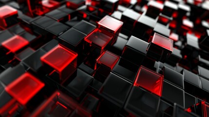 Fototapeta premium Abstract 3D design featuring black cubes with transparent red accents in a grid pattern, creating a futuristic, high-tech effect with depth and contrast