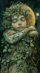 Fototapeta premium Dreamy Fantasy Art: A Girl Embraced by Nature under a Moonlit Sky