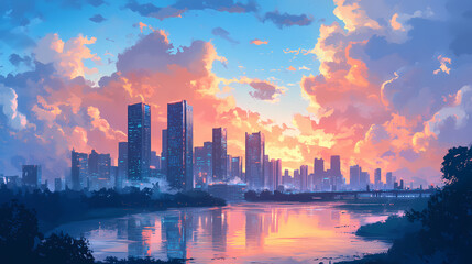 Fototapeta premium A futuristic city or city of the future from science fiction at sunset with the skyscrapers lighten by golden hour in the middle of a cloudy blue sky, near a river. Futuristic. Illustration