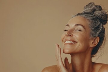 Portrait of a joyful woman with gray hair, smiling and embracing her natural beauty, radiating happiness and confidence. The serene background highlights her glowing face. Generated AI