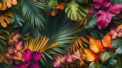 Vibrant Tropical Leaves and Flowers Background