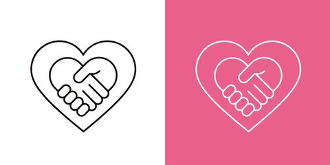 線画の大きなハートと、ハート型の握手のアイコンセット＿細い線