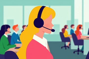 Illustrated Call Center Worker with Headset: Perfect for Business, Customer Service, and Office Themed Designs