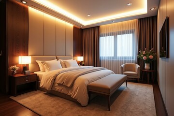 Elegant Modern Bedroom Design with Luxurious Comfort and Warm Brown Accents Perfect for Relaxation and Style