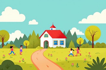 Fototapeta premium Vibrant Schoolhouse Illustration: Perfect for Educational Materials, Children's Books, and Happy Scenes