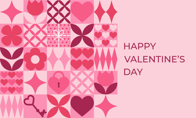 Valentine's day banner with pink geometric elements. Template for Valentine holiday design. Vector illustration