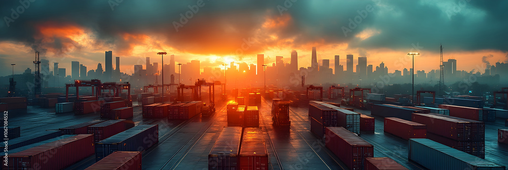 Poster dramatic cityscape of a busy seaport and container terminal with towering skyscrapers and stormy clo