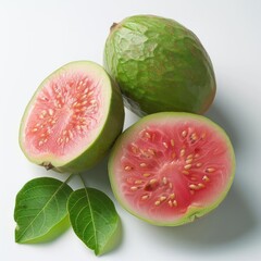 A variety of fruits on display, including a green fruit and a purple one.