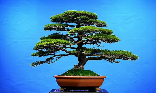 Spinning nature bonsai tree against a vivid blue background