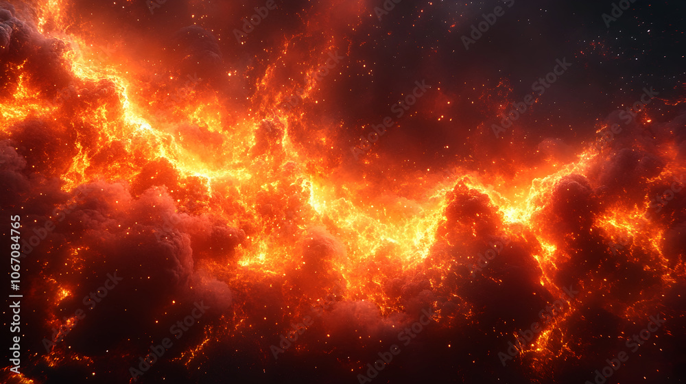 Poster dramatic cosmic explosion showcasing a fiery nebula and mesmerizing galactic phenomena illuminating 