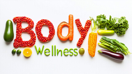 Body Wellness Message Created with Fresh Fruits and Vegetables, Representing Healthy Lifestyle and Natural Nutrition
