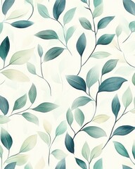 A delicate seamless pattern featuring hand-drawn leaves in soft pastel greens and blues