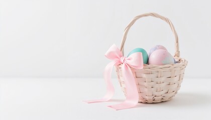 Easter Basket with Pastel Eggs and Pink Bow on White Background