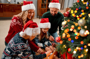 Happy family in festive sweaters and Santa hats having fun decorating the Christmas tree together at home. Family tradition. On the eve of Christmas.