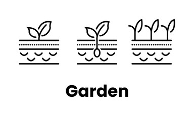 Set of icons. Growing seedlings plant shoots. Agriculture and gardener. Vector contour green line.
