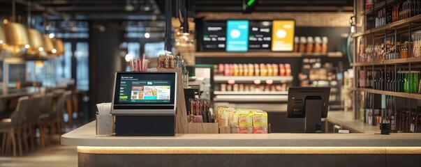 Checkout Counter with Digital Display Showcasing Payment Options for Retail Marketing