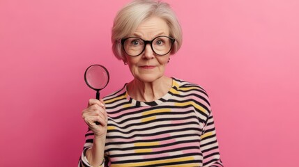 Photo of charming lovely senior woman wear striped trendy clothes hold magnifier isolated on pink color background