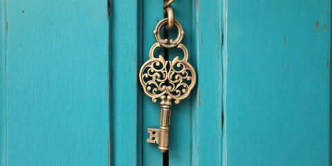 Skeleton key with intricate design hanging from teal blue wooden door, lock