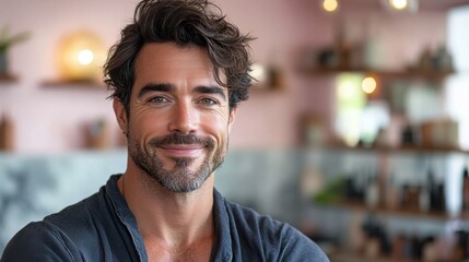 Fototapeta premium A cheerful man with stylish hair smiles warmly in a cozy indoor space with soft lighting and greenery around him
