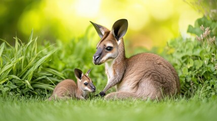 Fototapeta premium A mother kangaroo and her joey rest among lush green grass, embodying the beauty of wildlife and nurturing in nature.
