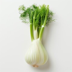 Display of freshly cut vegetables, including a bulb of garlic and bunches of scallions against white background.