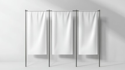 3d white blank advertising banner flag mockup render. Isolated vertical fabric textile promo posters waving on pole. Empty rectangle canvas pennants hanging on metal frame and stand.