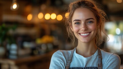 A joyful barista smiles warmly in a cozy café, surrounded by soft lighting and rustic décor during a busy afternoon