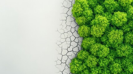 A striking visual split between lush greenery and cracked, dry earth, symbolizing the tension between nature and environmental degradation.