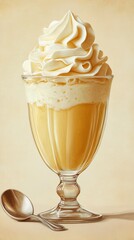 A glass of creamy, yellow custard topped with whipped cream sits on a table with a silver spoon nearby