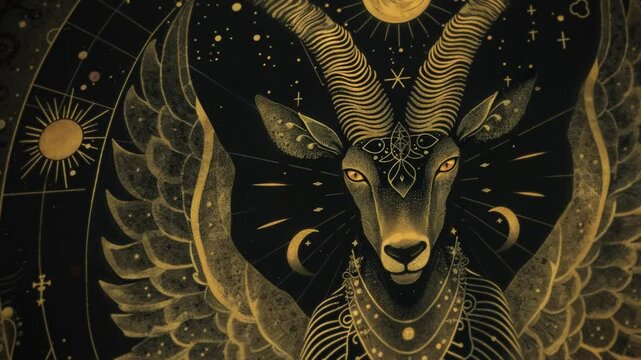 Striking mythical creature golden line drawing with golden wings and horns against a mystical, starry night sky. Satanic goat over black background for a devil or ancient magical cult