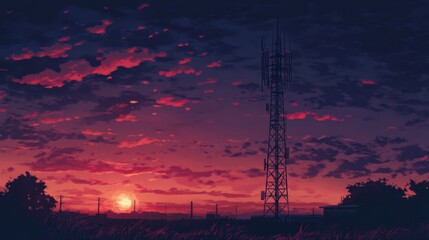 Fototapeta premium Sunset Over Field with Communication Tower