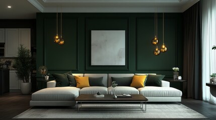 Modern Living Room with Green Walls, White Sofa, and Gold Lighting